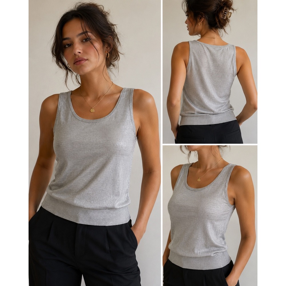 Vintage‎ Tesori Metallic Knit Sweater Tank XL Silver Gray Y2K Sleeveless Shell